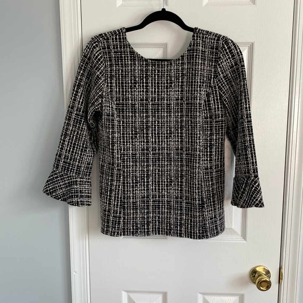 Talbots Classic Black and White Tweed Look Top with 3/4 Bell Sleeves Size Small